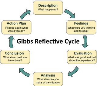 Gibbs reflective cycle: Description; Feelings; Evaluation; Analysis; Conclusion; Action plan.