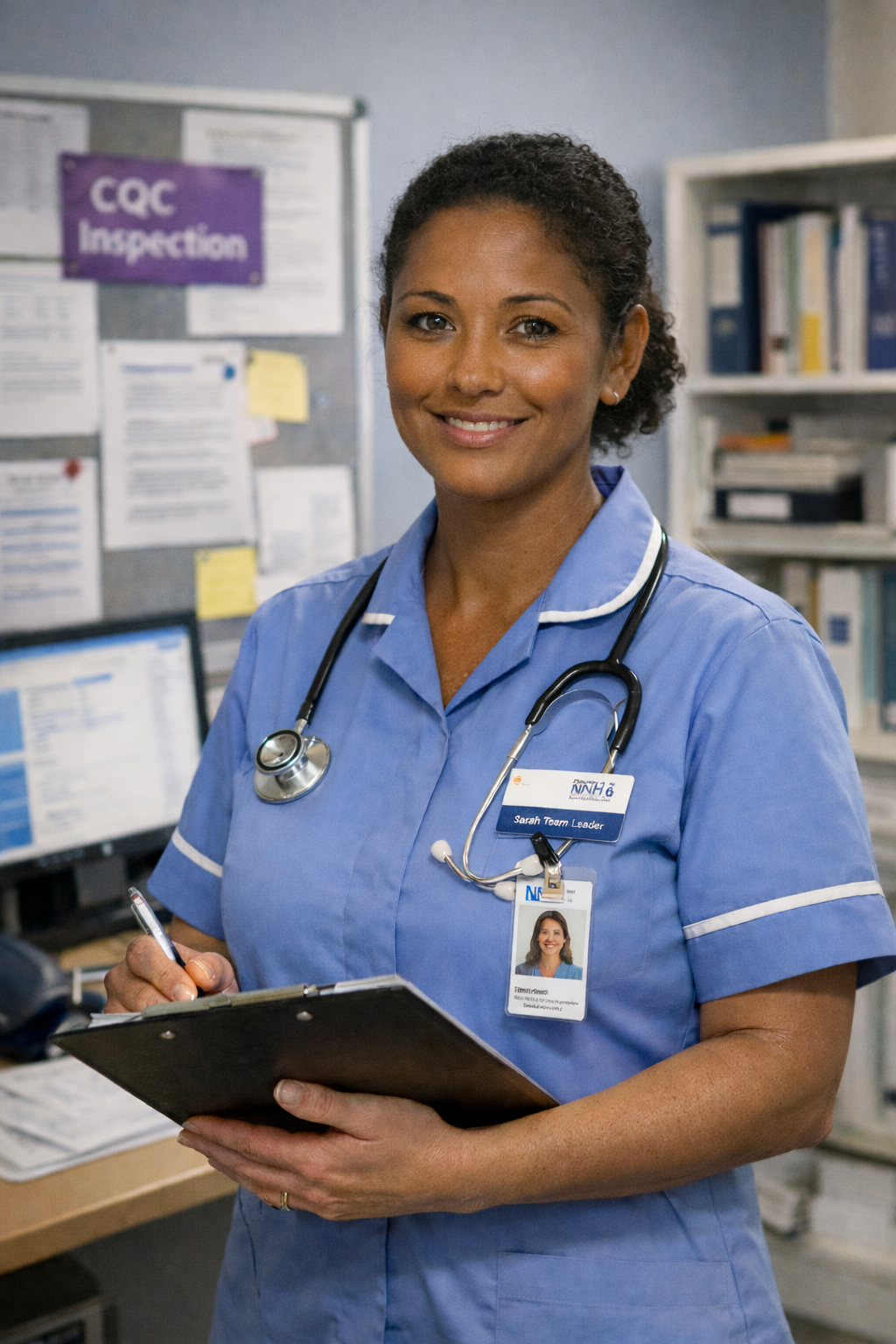 Black British Band 6 Community Nurse Team Leader reviewing work in a clinical office, representing leadership, workload management, and wellbeing in community nursing